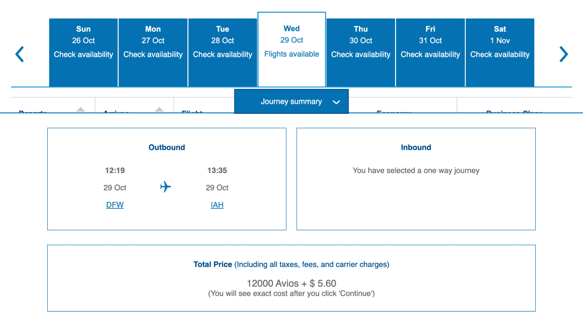 British Airways award booking summary showing a one-way flight from Dallas–Fort Worth (DFW) to Houston (IAH) on October 29, 2025 priced at 12,000 Avios plus $5.60.