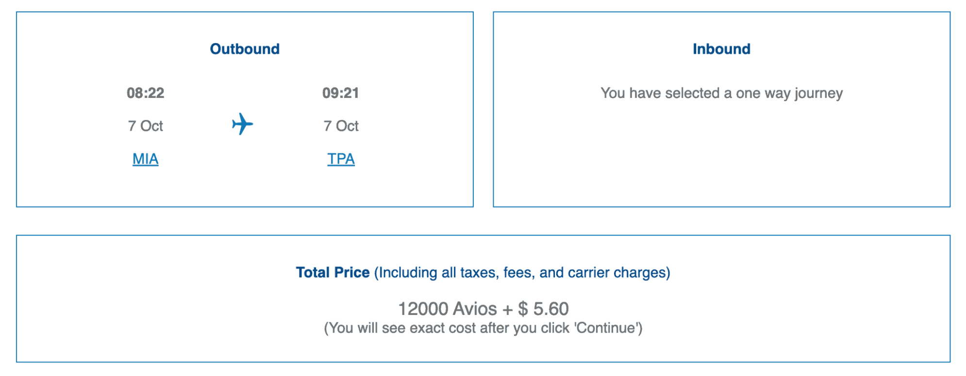British Airways award summary showing a one-way Miami (MIA) to Tampa (TPA) flight on October 7, 2025 priced at 12,000 Avios plus $5.60.