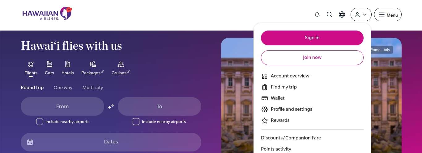 Hawaiian Airlines website homepage showing Sign In and Join Now menu for loyalty account login.