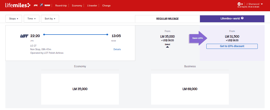 LifeMiles award display showing LOT Polish Airlines nonstop flight from JFK to Warsaw priced at 35,000 miles in economy.