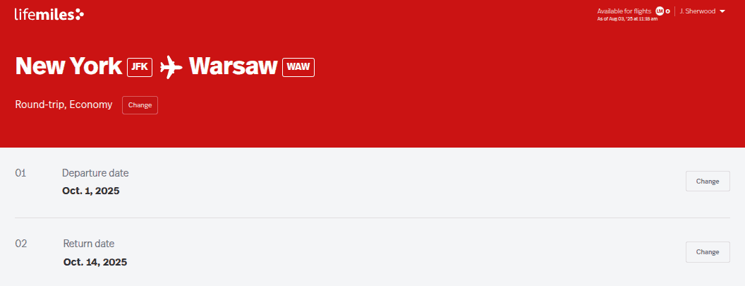 LifeMiles round-trip date selection page for New York to Warsaw showing outbound October 1, 2025 and return October 14, 2025.
