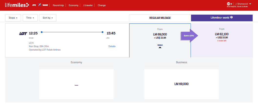 LifeMiles award display showing LOT Polish Airlines nonstop flight from Warsaw to JFK priced at 69,000 miles in economy with a discounted option.