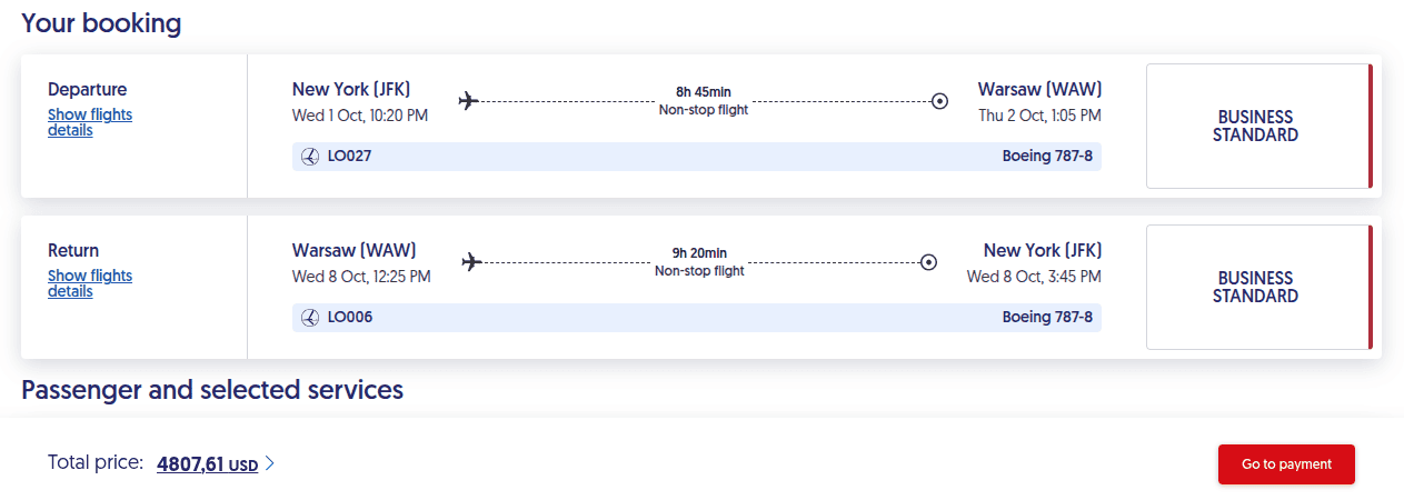 LOT Polish Airlines booking summary showing round-trip business-class flights between New York JFK and Warsaw on Boeing 787-8 aircraft.