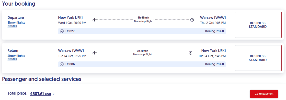 LOT Polish Airlines booking summary showing JFK–WAW and WAW–JFK nonstop business class flights with total price of 4807.61 USD.