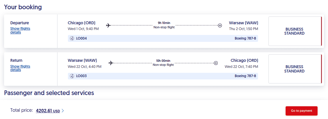 LOT Polish Airlines booking summary showing Chicago–Warsaw round-trip business class itinerary with nonstop Boeing 787-8 flights.
