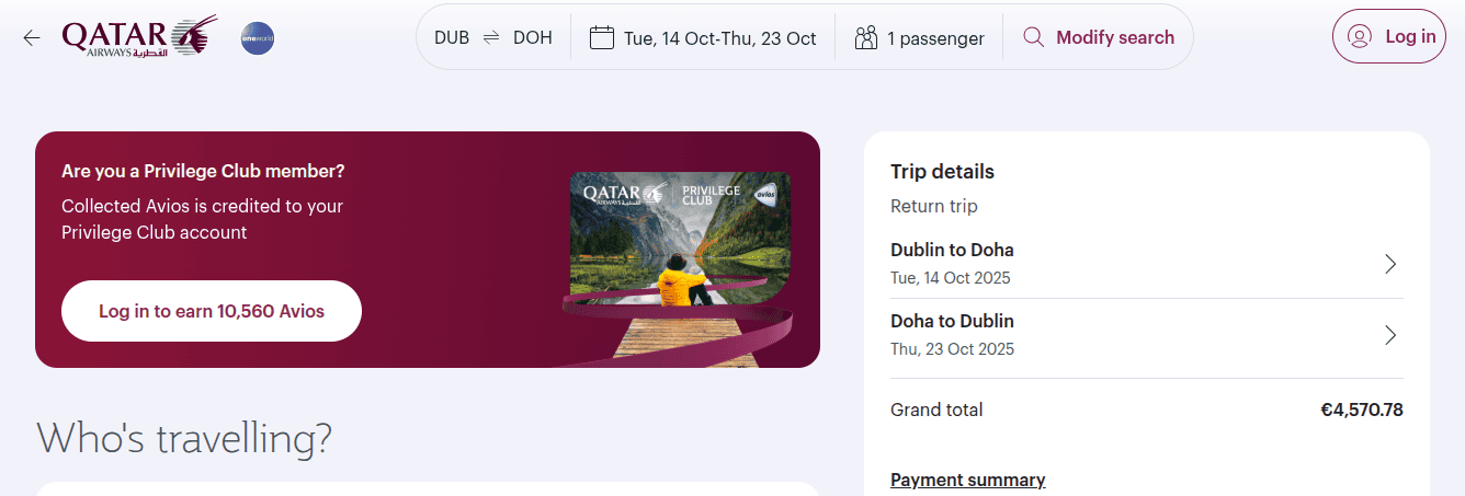 Qatar Airways booking summary for a Dublin to Doha round-trip in October 2025.