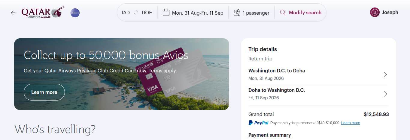 Qatar Airways booking page showing Washington D.C. to Doha round-trip fare for 2026.
