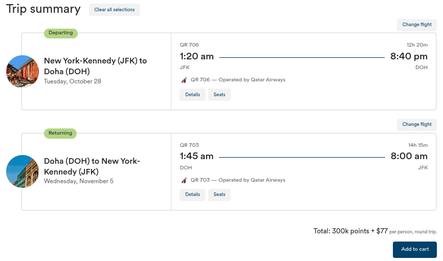 Award flight summary for Qatar Airways business class from JFK to Doha and return.