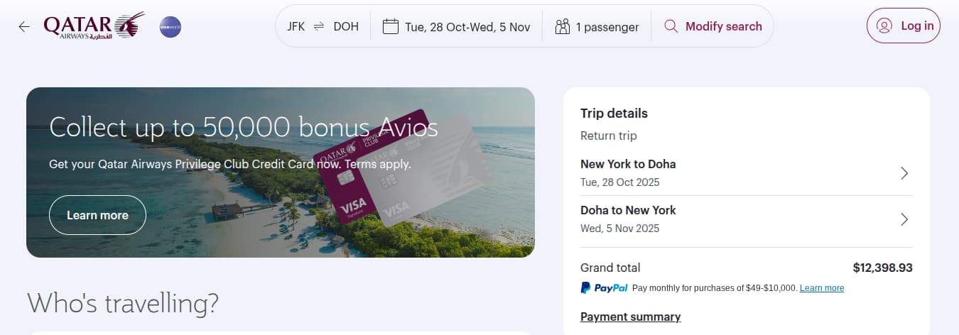 Qsuite award pricing for Qatar Airways business class from Doha to Washington D.C.