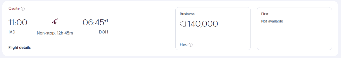 Qsuite Flexi award pricing for Qatar Airways business class from Washington D.C. to Doha.