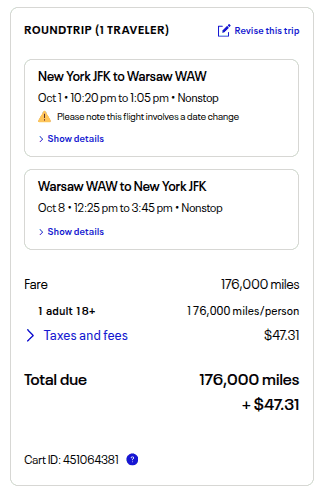 United Airlines award booking summary showing round-trip nonstop flights between New York JFK and Warsaw with a total cost of 176,000 miles plus $47.31.