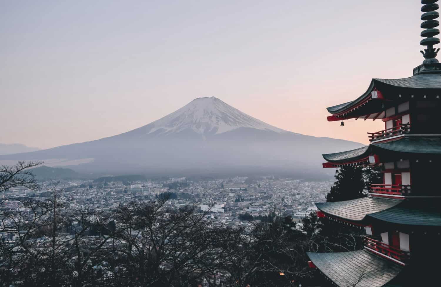 Japan picture of temple next to Mt. Fuji