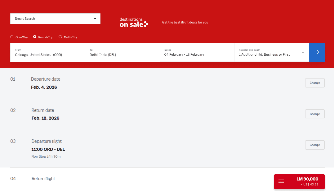 round-trip Air India business-class itinerary between Chicago (ORD) and Delhi (DEL) for 180,000 Avianca miles