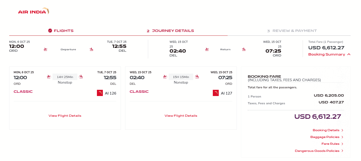 Air India business-class flight from Chicago to Delhi if paying with cash.