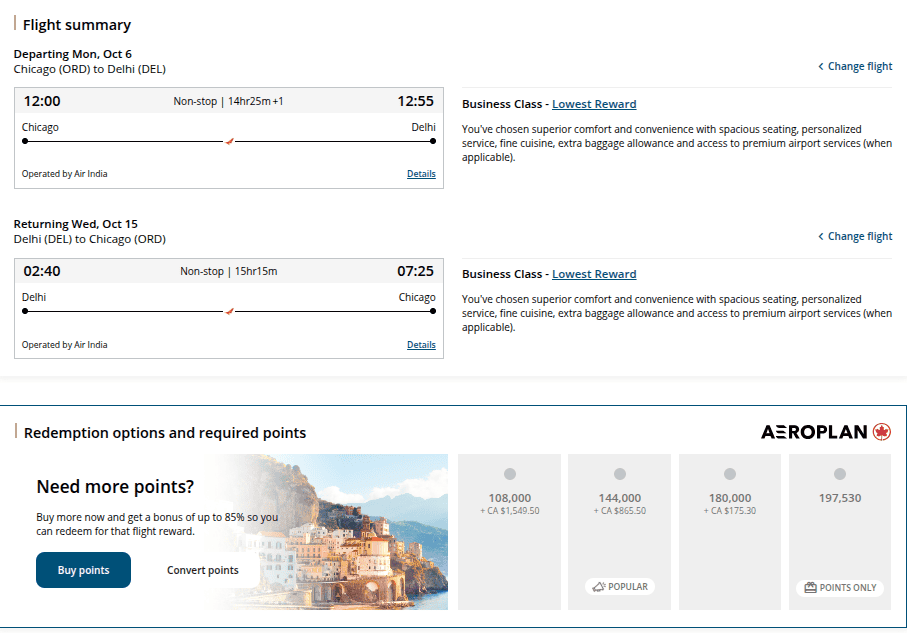 Air India business-class flight summary from Chicago to New Delhi.
