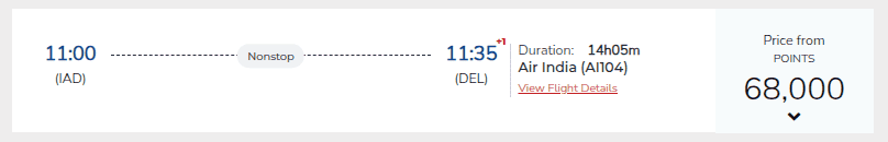 round-trip Air India business-class itinerary between Washington D.C. (IAD) and Delhi (DEL) for 136,000 points