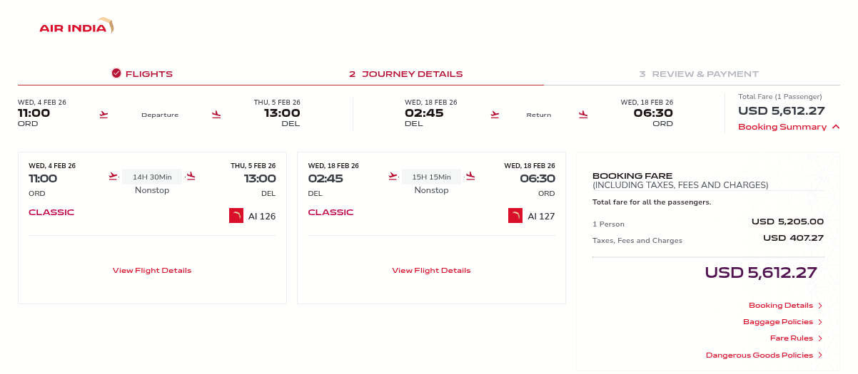 Roundtrip flight with Air India business-class between Chicago and Delhi if paying with cash.