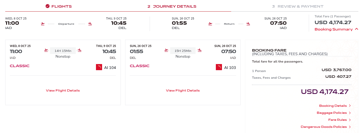 Air India roundtrip business class flight between Washington and Delhi if paying with cash.