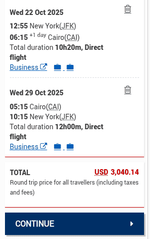 Book EgyptAir round-trip New York to Cairo with cash.