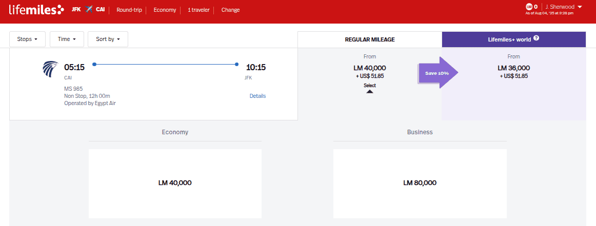 round-trip EgyptAir business-class award itinerary between New York (JFK) and Cairo (CAI)