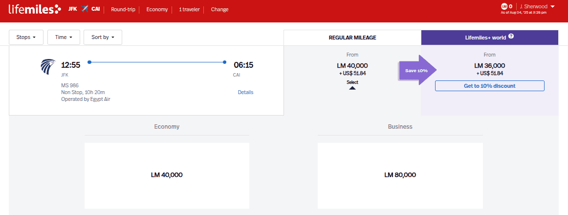 round-trip EgyptAir business-class award itinerary between New York (JFK) and Cairo (CAI)
