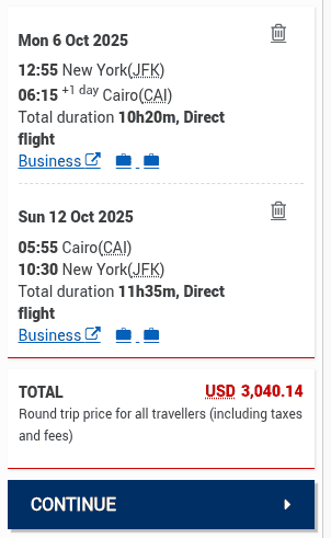 Round-trip EgyptAir business-class flight itinerary between New York (JFK) and Cairo (CAI) if paying with cash.