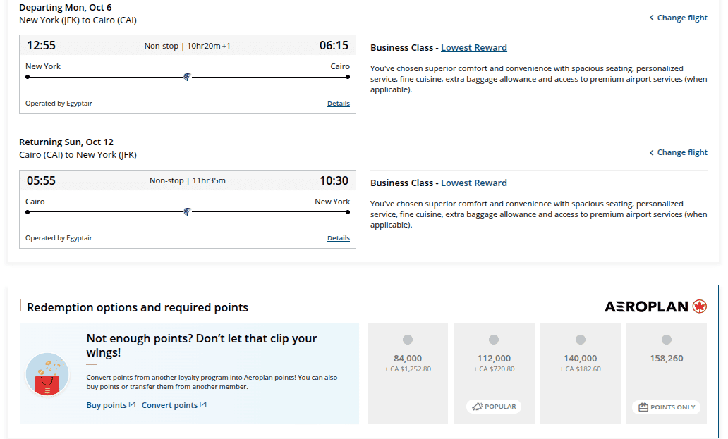 round-trip EgyptAir business-class award flight itinerary between New York (JFK) and Cairo (CAI)