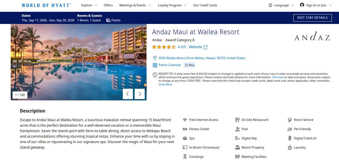 hotel award booking page showing Andaz Maui resort details and amenities