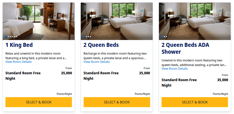 hotel room options showing award night points required for different room types