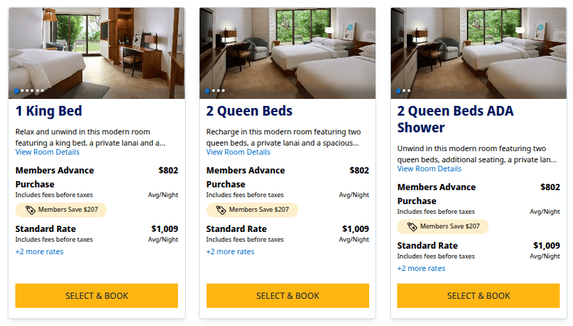 hotel room options showing cash rates and member pricing for different room types