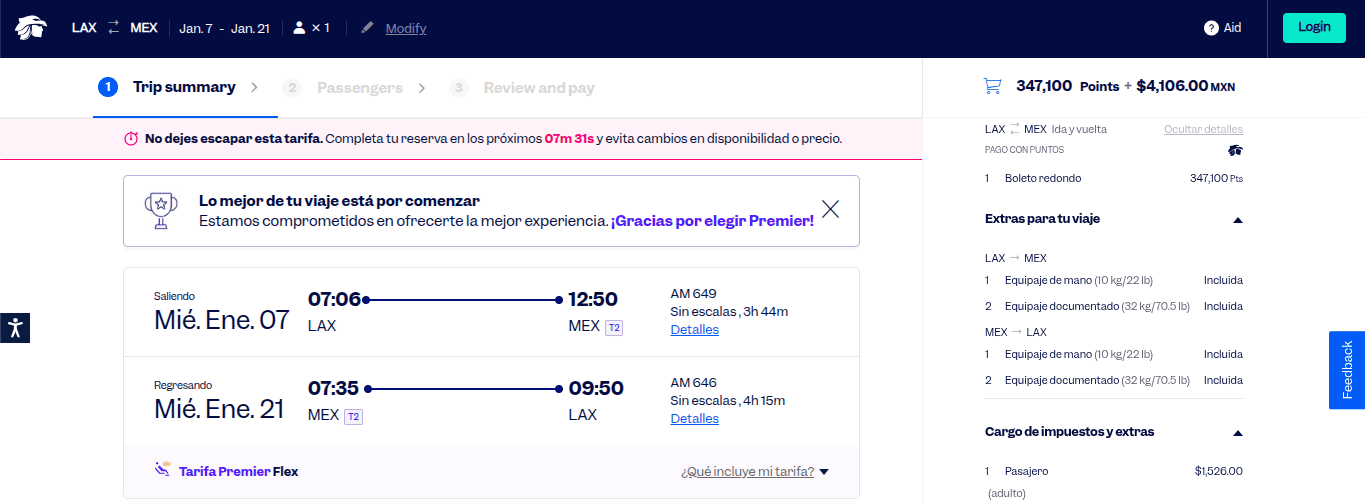Aeroméxico Clase Premier business-class award booking showing a round-trip flight from Los Angeles (LAX) to Mexico City (MEX) booked with points and taxes