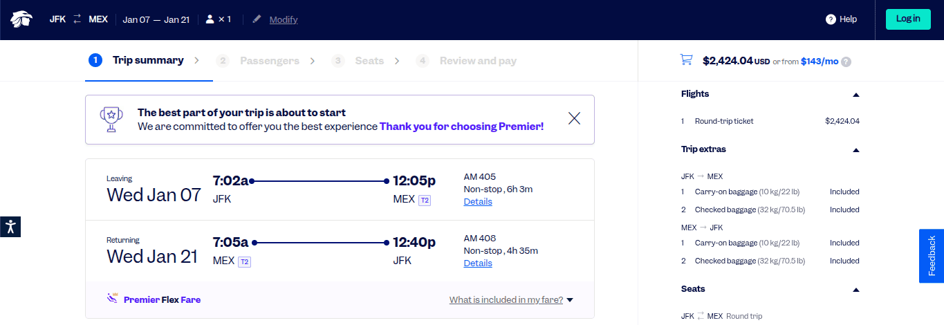 Aeroméxico Clase Premier Flex cash booking showing a nonstop round-trip between New York JFK and Mexico City priced at about $2,424 USD with baggage included