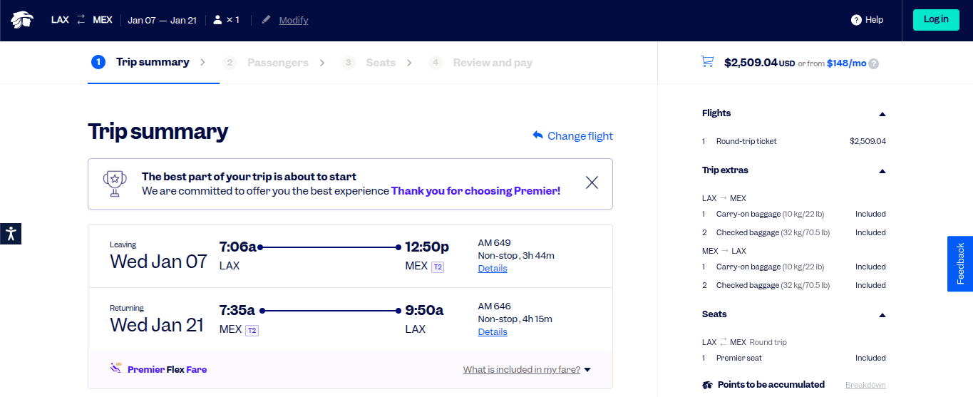 Aeroméxico Clase Premier Flex cash booking summary showing nonstop round-trip flights between Los Angeles and Mexico City with a total price of $2,509 USD
