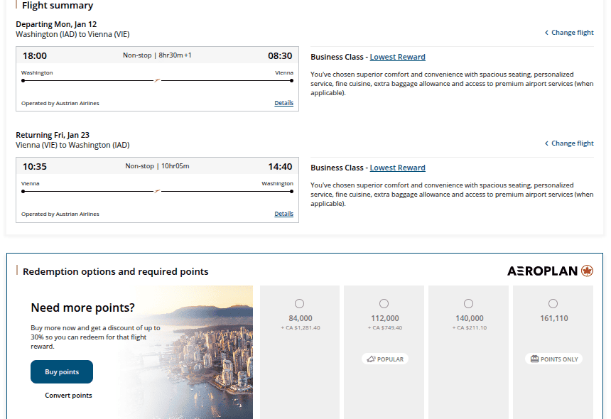Air Canada Aeroplan award booking showing a round-trip Austrian Airlines business-class itinerary between Washington, D.C. (IAD) and Vienna (VIE) for 140,000 points with approximately $150 in taxes and fees.