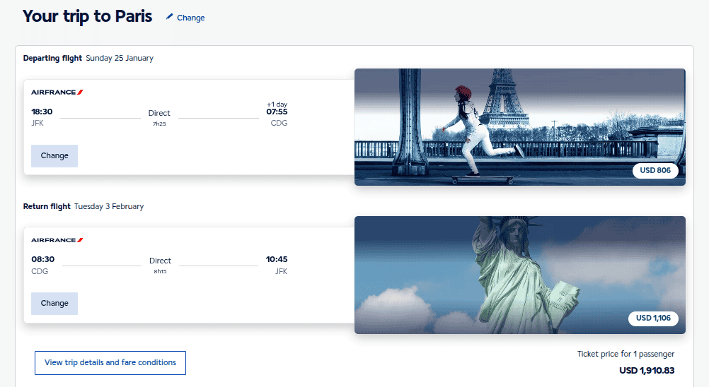 Air France website showing a round-trip cash booking from New York JFK to Paris CDG priced at about $1,911 for one passenger