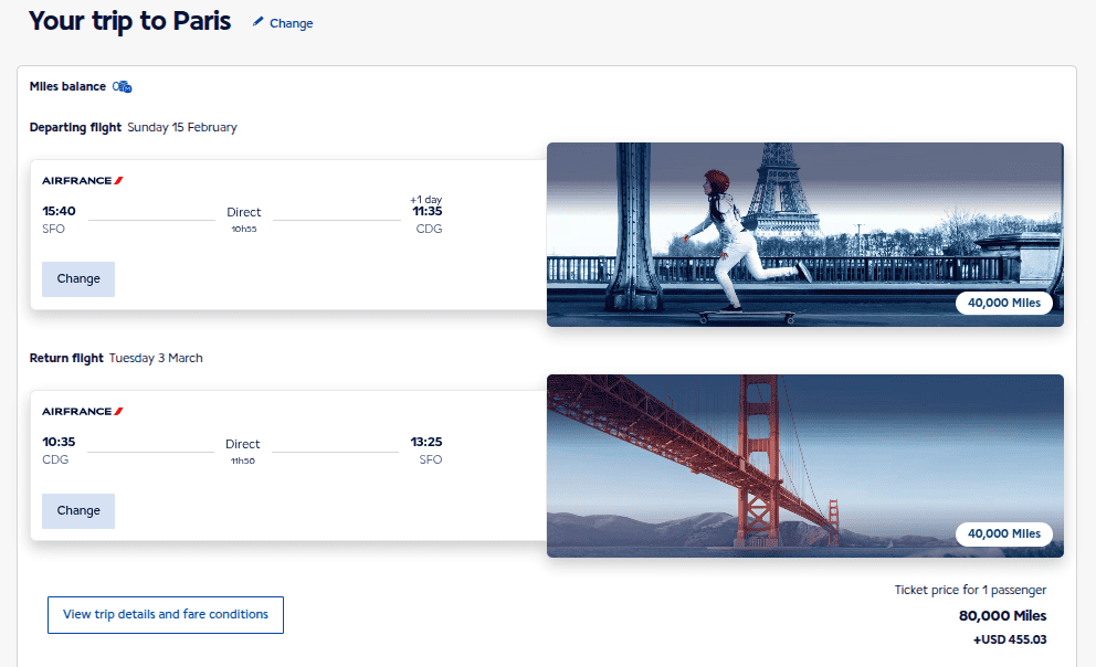 Air France premium economy award booking showing round-trip flight from San Francisco to Paris for 80,000 Flying Blue miles and taxes