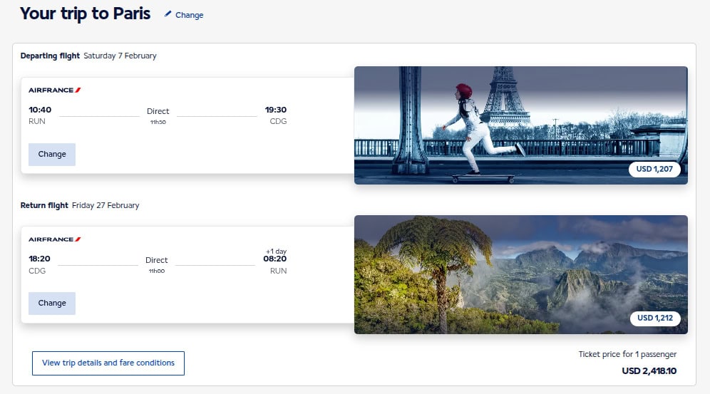 Air France website showing a premium-economy round-trip cash booking between Saint-Denis Reunion (RUN) and Paris Charles de Gaulle (CDG) priced at about $2,418 total