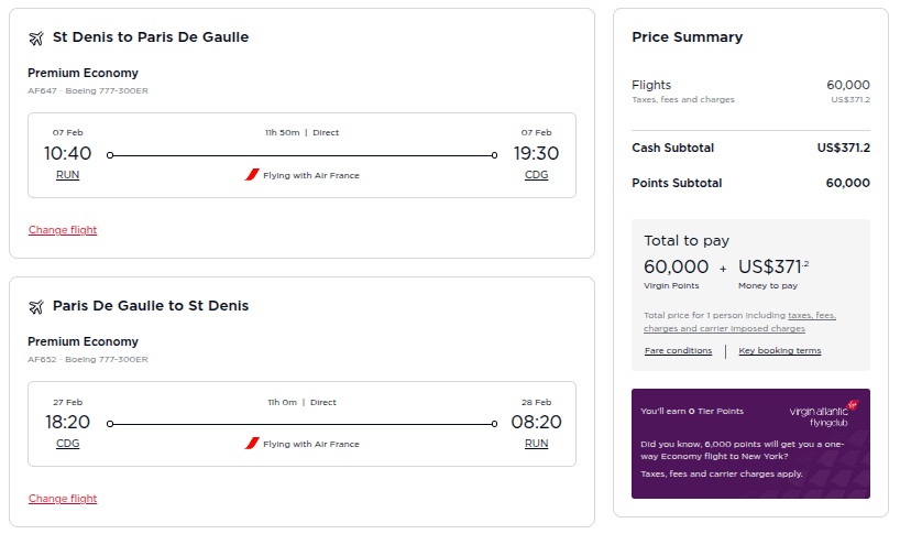 Virgin Atlantic booking showing an Air France premium-economy round-trip award flight between Saint-Denis Reunion (RUN) and Paris Charles de Gaulle (CDG) for 60,000 Virgin points plus about $371 in taxes and fees