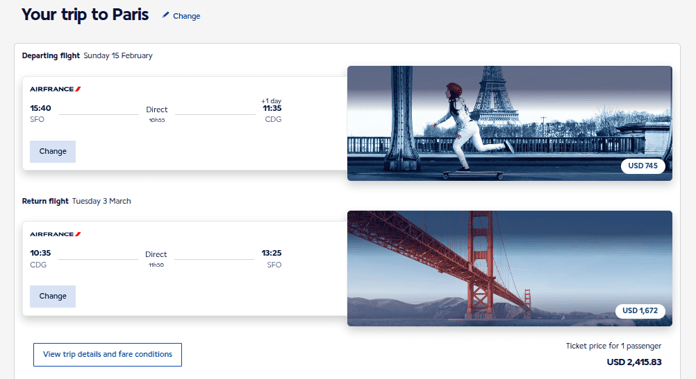 Air France website showing cash price of about $2,416 for a round-trip flight between San Francisco and Paris