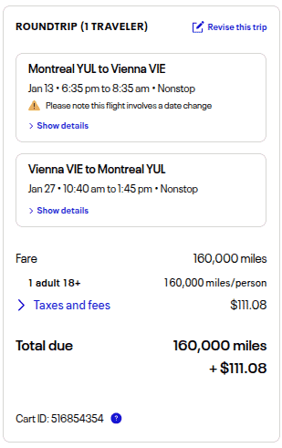 Award booking summary showing a round-trip Austrian Airlines business-class itinerary between Montreal (YUL) and Vienna (VIE) for 160,000 miles plus about $111 in taxes and fees.