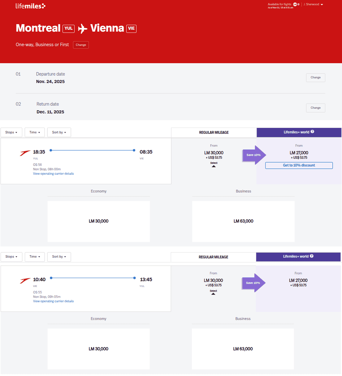 Avianca LifeMiles search results showing a round-trip Austrian Airlines business-class award itinerary from Montreal (YUL) to Vienna (VIE), priced at 126,000 miles with approximately $108 in taxes and fees.