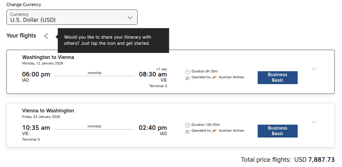 Austrian Airlines website showing a round-trip business-class cash fare between Washington, D.C. (IAD) and Vienna (VIE) priced at approximately $7,888.