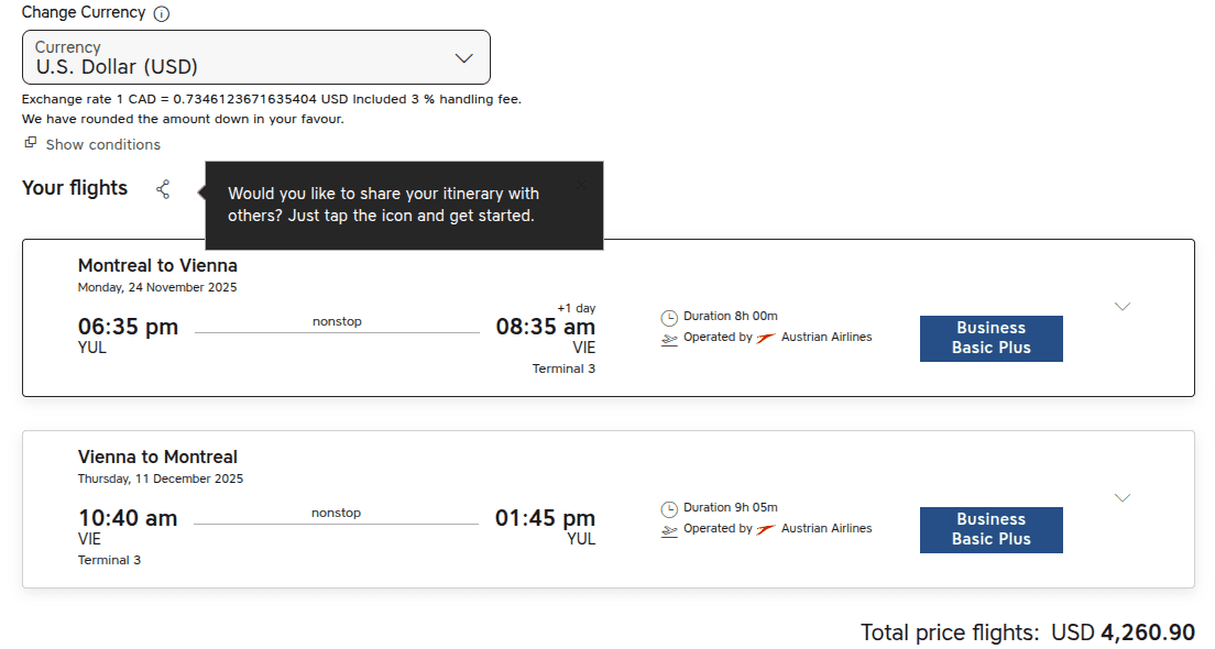 Austrian Airlines website showing a round-trip business-class cash itinerary between Montreal (YUL) and Vienna (VIE), priced at approximately $4,261 in U.S. dollars.