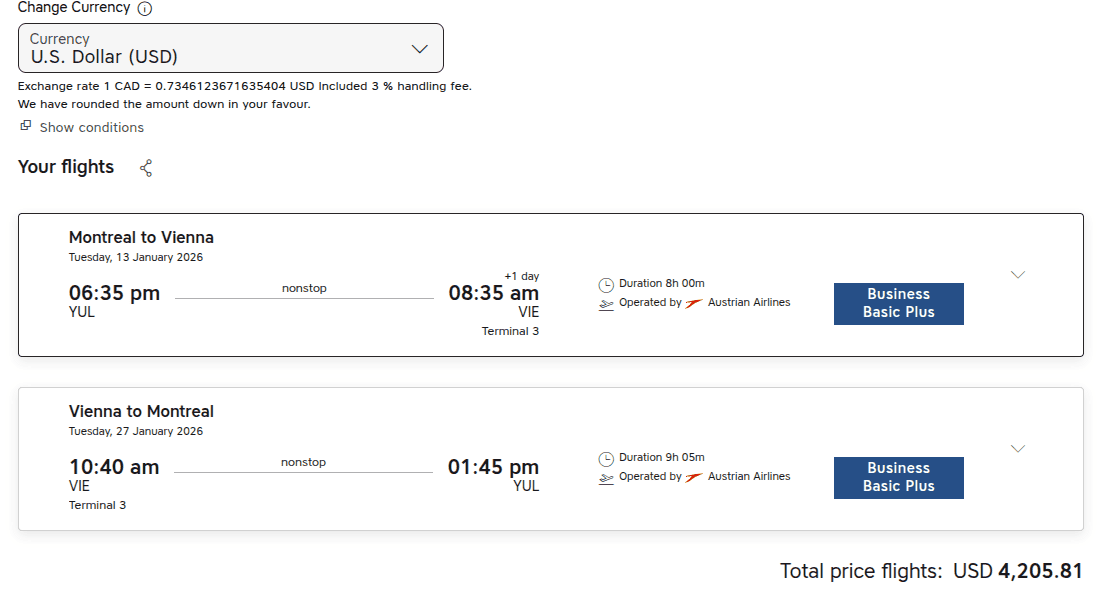 Cash booking summary on the Austrian Airlines website showing a round-trip business-class itinerary between Montreal (YUL) and Vienna (VIE) priced at about $4,206.