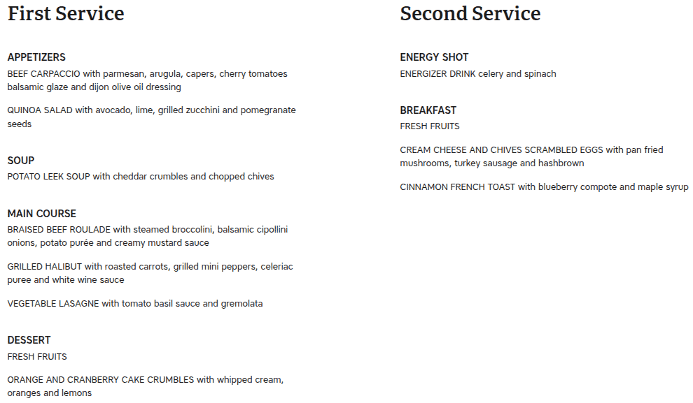 Example of business-class dining options on a long-haul redeye flight from Montreal (YUL) to Vienna (VIE), showing first and second service menus with appetizers, main courses, desserts, and breakfast selections.
