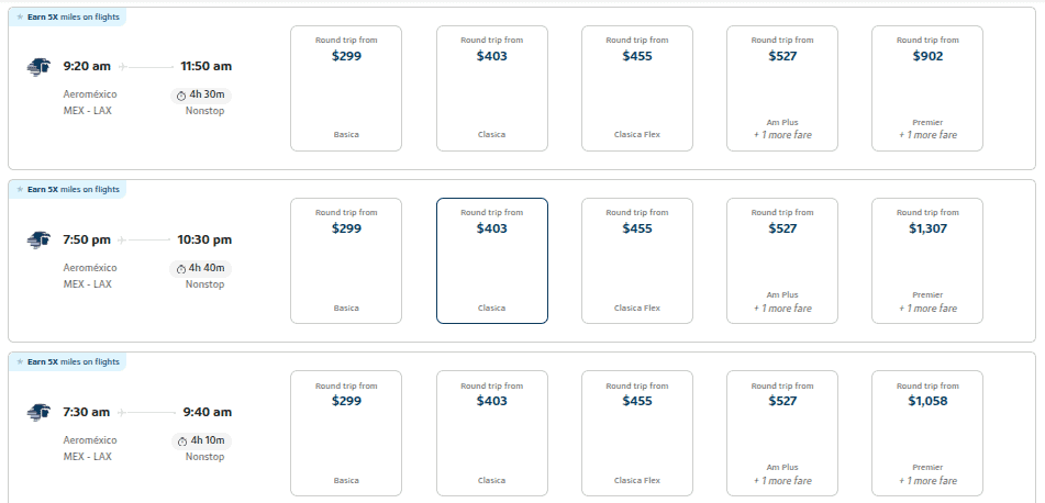 Capital One Travel search results showing Aeroméxico flights between Mexico City and Los Angeles with Clase Premier fares available on selected dates