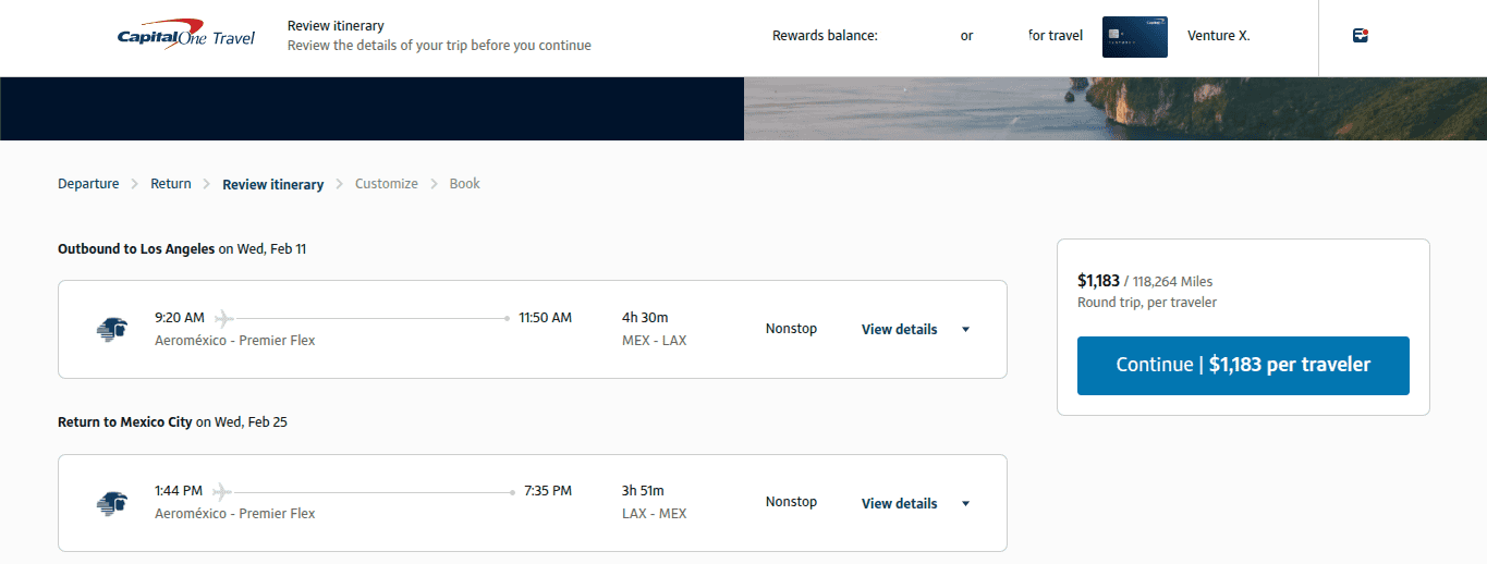 Capital One Travel booking showing a round-trip Aeroméxico Clase Premier flight between Mexico City and Los Angeles priced at 118,264 miles per traveler