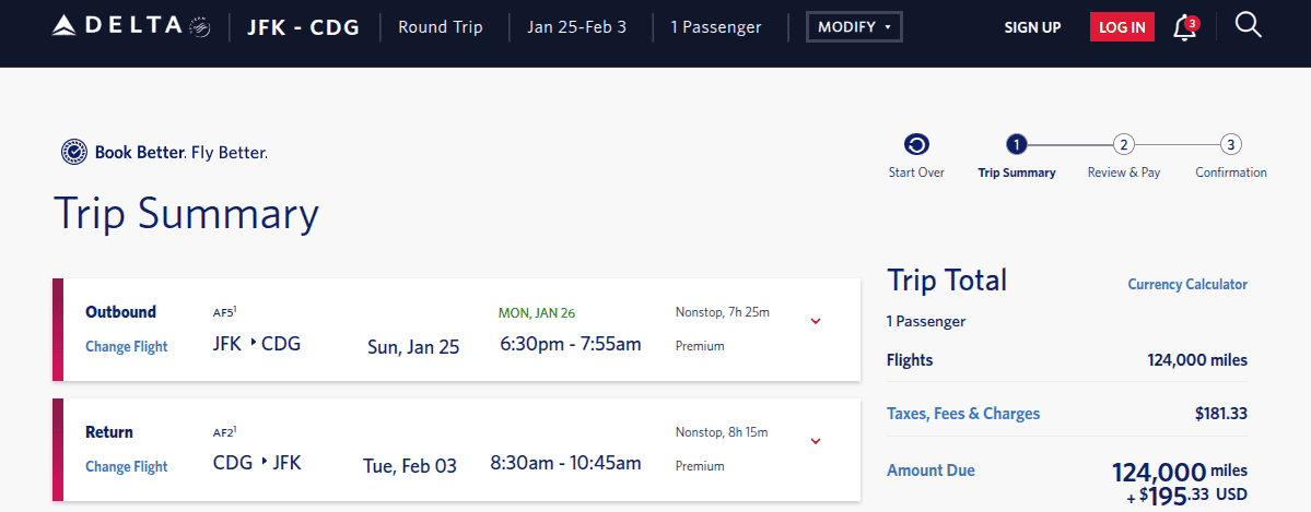 Delta SkyMiles booking showing a round-trip Air France premium-economy award from New York JFK to Paris CDG for 124,000 miles plus about $195 in taxes and fees