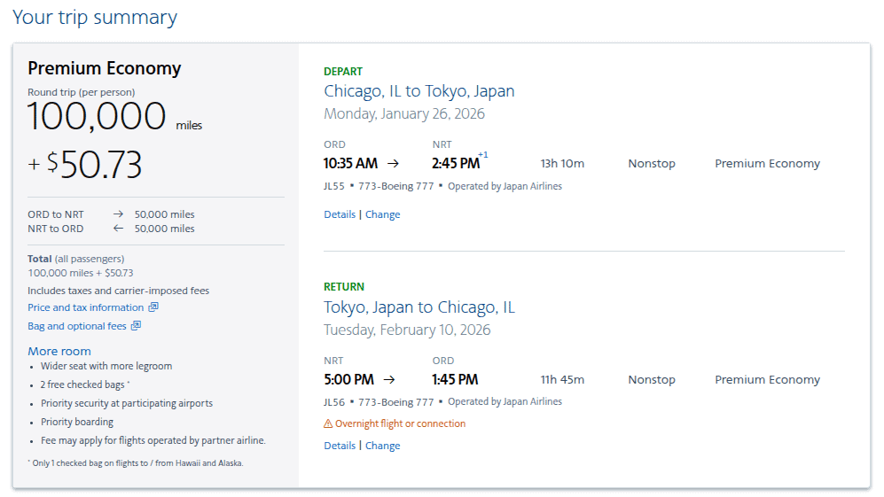 Japan Airlines premium-economy award itinerary showing a round-trip flight between Chicago O’Hare (ORD) and Tokyo Narita (NRT) for 100,000 AAdvantage miles plus about $51 in taxes and fees