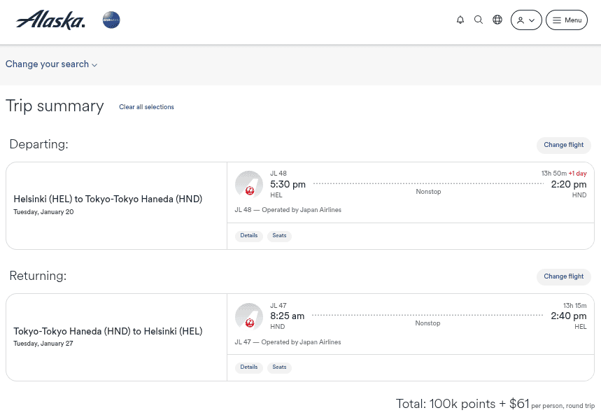 Japan Airlines premium economy award itinerary from Helsinki to Tokyo booked with 100,000 Atmos Rewards points and about $61 in taxes and fees